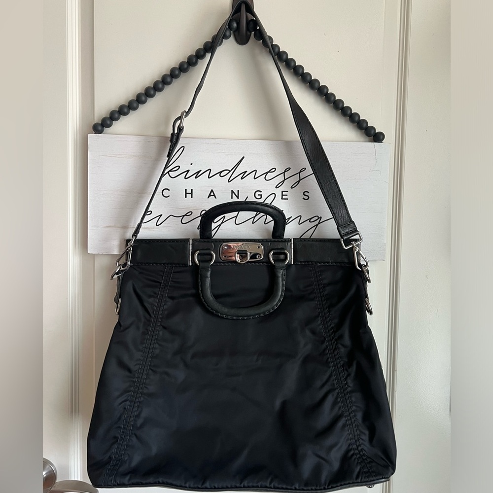 PRADA Nylon Leather Black Top Handle Large Tote Shoulder Bag Crossbody Purse